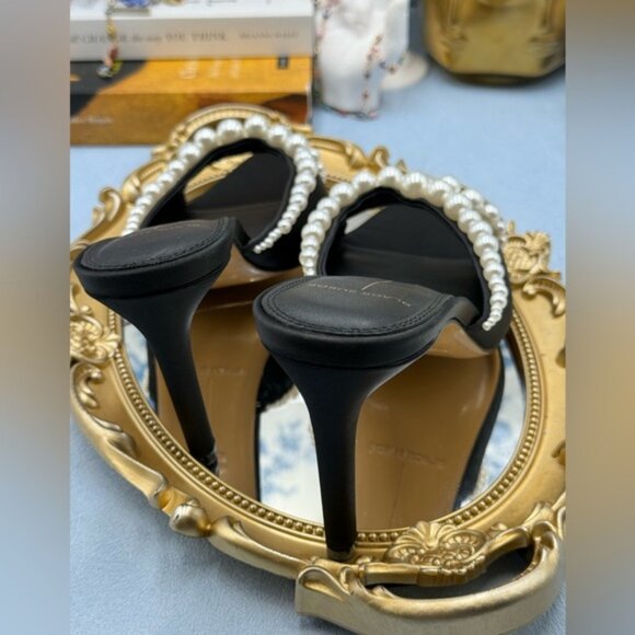 🆕 BLACK SUEDE STUDIO 🧿 NWOB Gigi 80 Pearl Black Satin Mule Sandals, Sz 40 US 9 - Picture 15 of 16